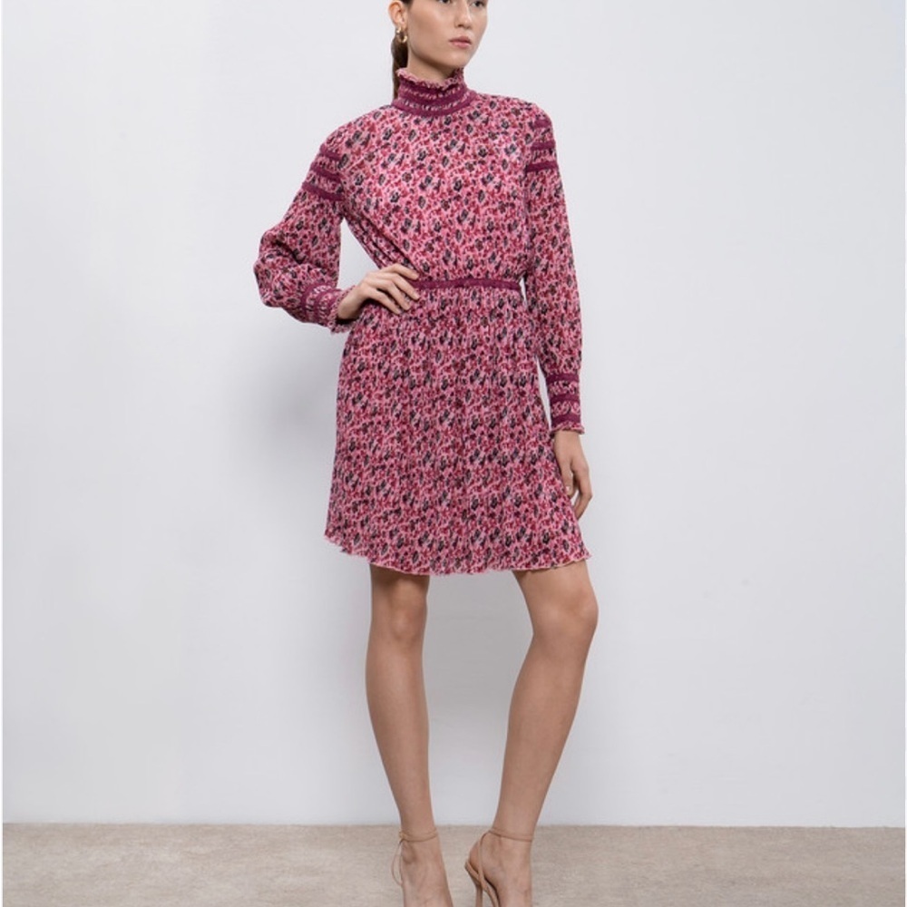 Zac Posen Pink Floral Long Sleeve Mock Neck Dress Size 0 Fit & Flare Boho Chic - Picture 8 of 8